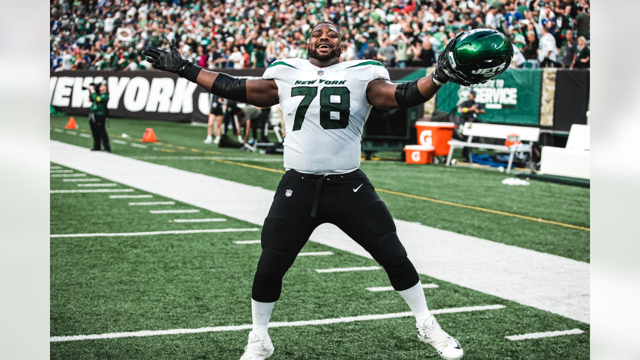 New York Jets defensive end Bryce Huff (47) during an NFL football game  against the New York Giants, Saturday, Aug. 26, 2023 in East Rutherford,  N.J. Jets won 32-24. (AP Photo/Vera Nieuwenhuis