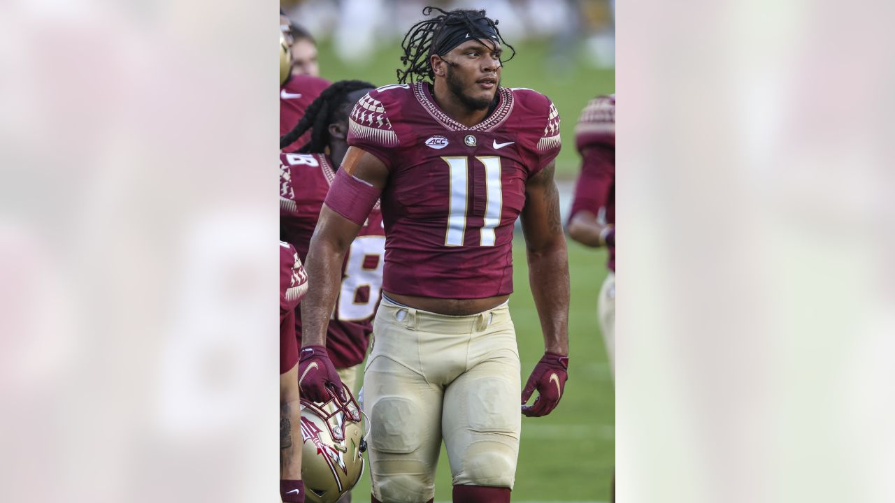 Florida State defensive end Jermaine Johnson II (11) moments before an NCAA football game against Notre Dame on Sunday, Sept. 5, 2021 in Tallahassee, Fla. (AP Photo/Gary McCullough)