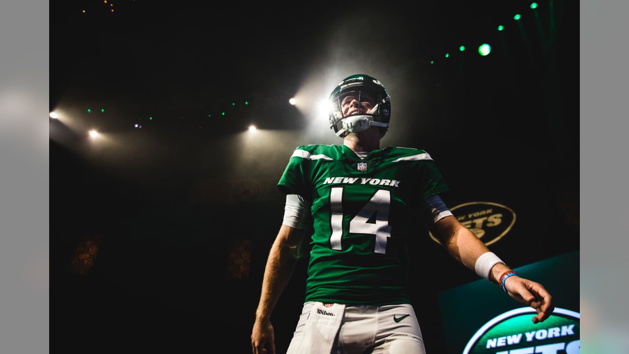 New York Jets players model the new Jets NFL football uniforms when the New  York Jets host a Uniform Launch Event at Gotham Hall in New York City on  April 4, 2019.