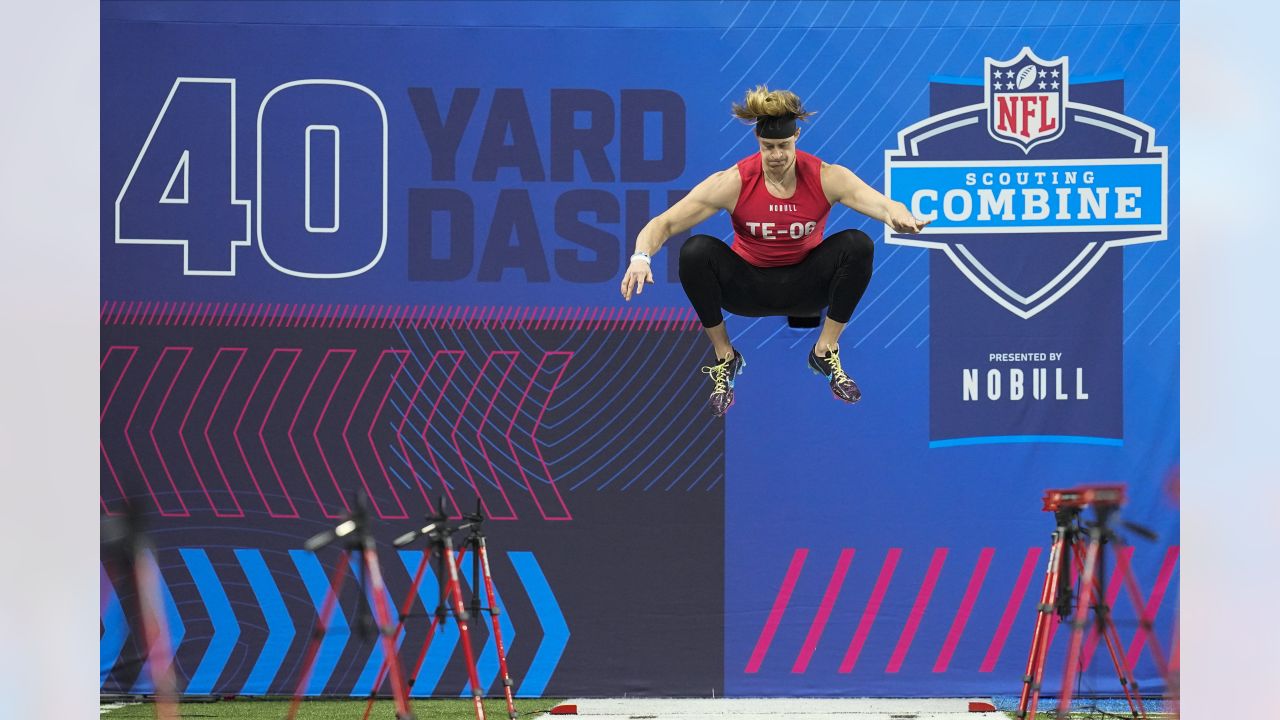 Old Dominion tight end Zack Kuntz runs a drill at the NFL football scouting combine in Indianapolis, Saturday, March 4, 2023. (AP Photo/Darron Cummings)