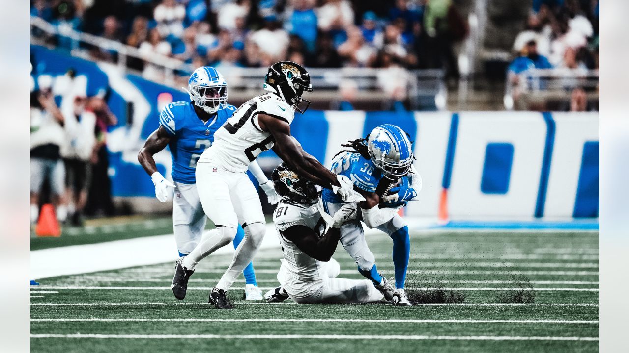 Detroit Lions cornerback Steven Gilmore (36) runs against Jacksonville  Jaguars wide receiver Seth Williams (81) after Gilmore interc epted the  ball during the first half of a preseason NFL football game, Saturday