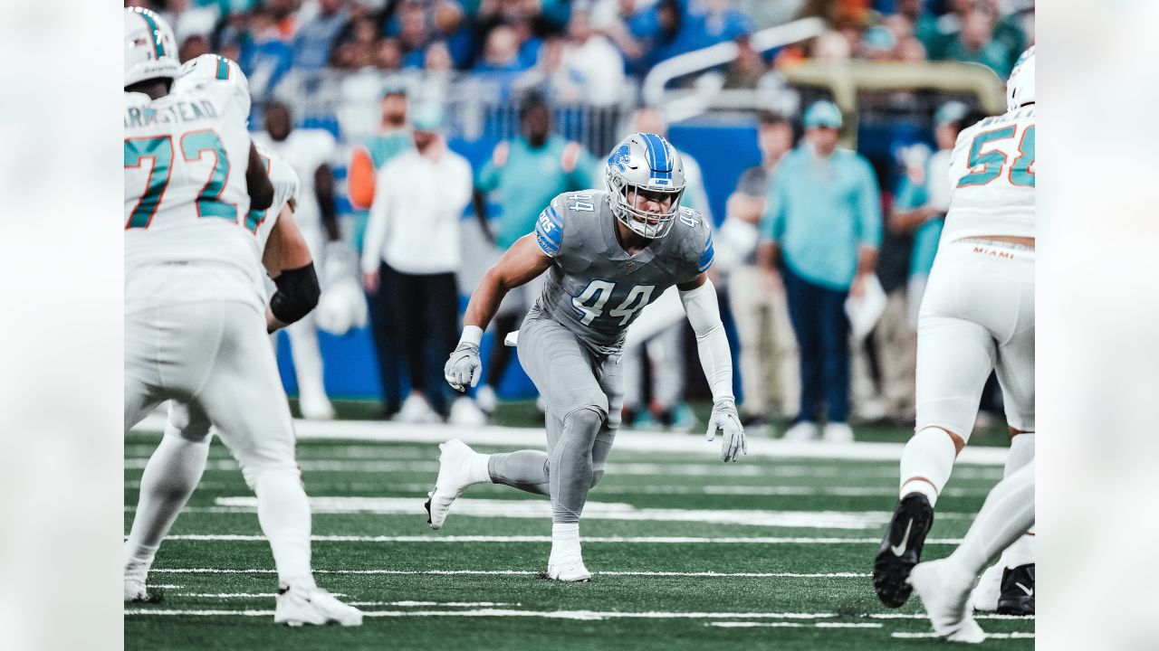 DETROIT, MI - OCTOBER 30: Detroit Lions linebacker Malcolm Rodriguez (44)  walks off of the field at the conclusion of an NFL football game between  the Miami Dolphins and the Detroit Lions