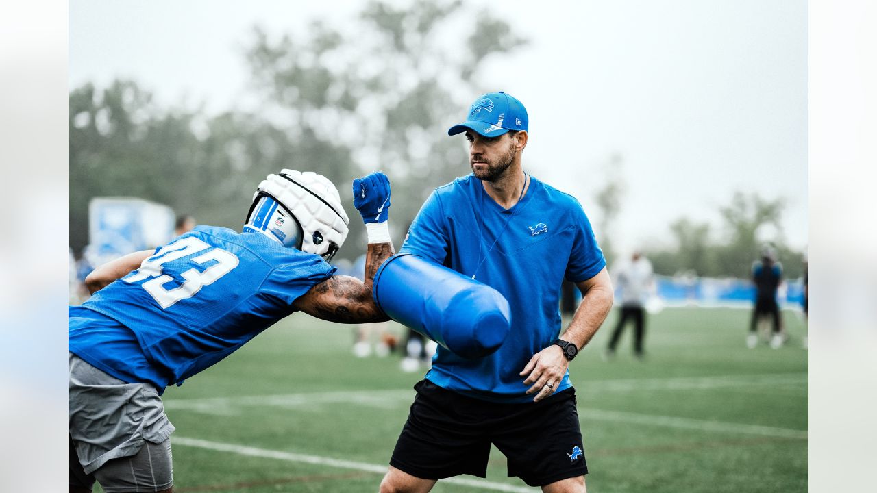 Jamaal Williams, Aidan Hutchinson, and Frank Ragnow meet with the media at Lions  Training Camp 