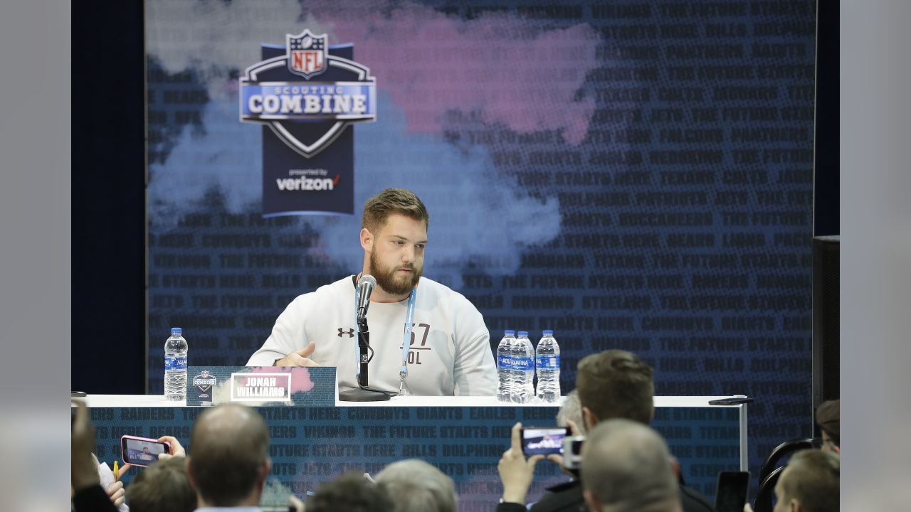 Alabama offensive lineman Jonah Williams speaks during a press conference at the NFL football scouting combine, Thursday, Feb. 28, 2019, in Indianapolis. (AP Photo/Darron Cummings)