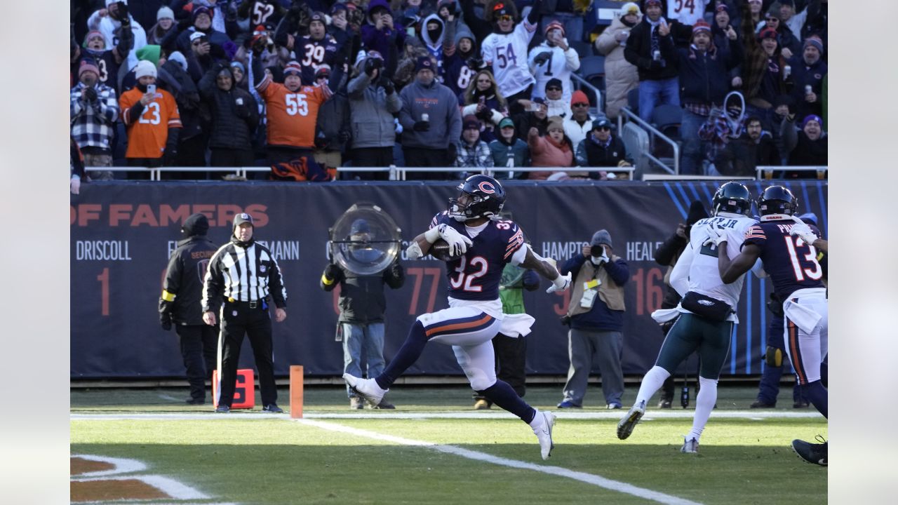 October 03, 2021: Chicago, Illinois, U.S. - Bears #32 David Montgomery  (right) celebrates his touchdown with teammate #81 J.P. Holtz during the  NFL Game between the Detroit Lions and Chicago Bears at