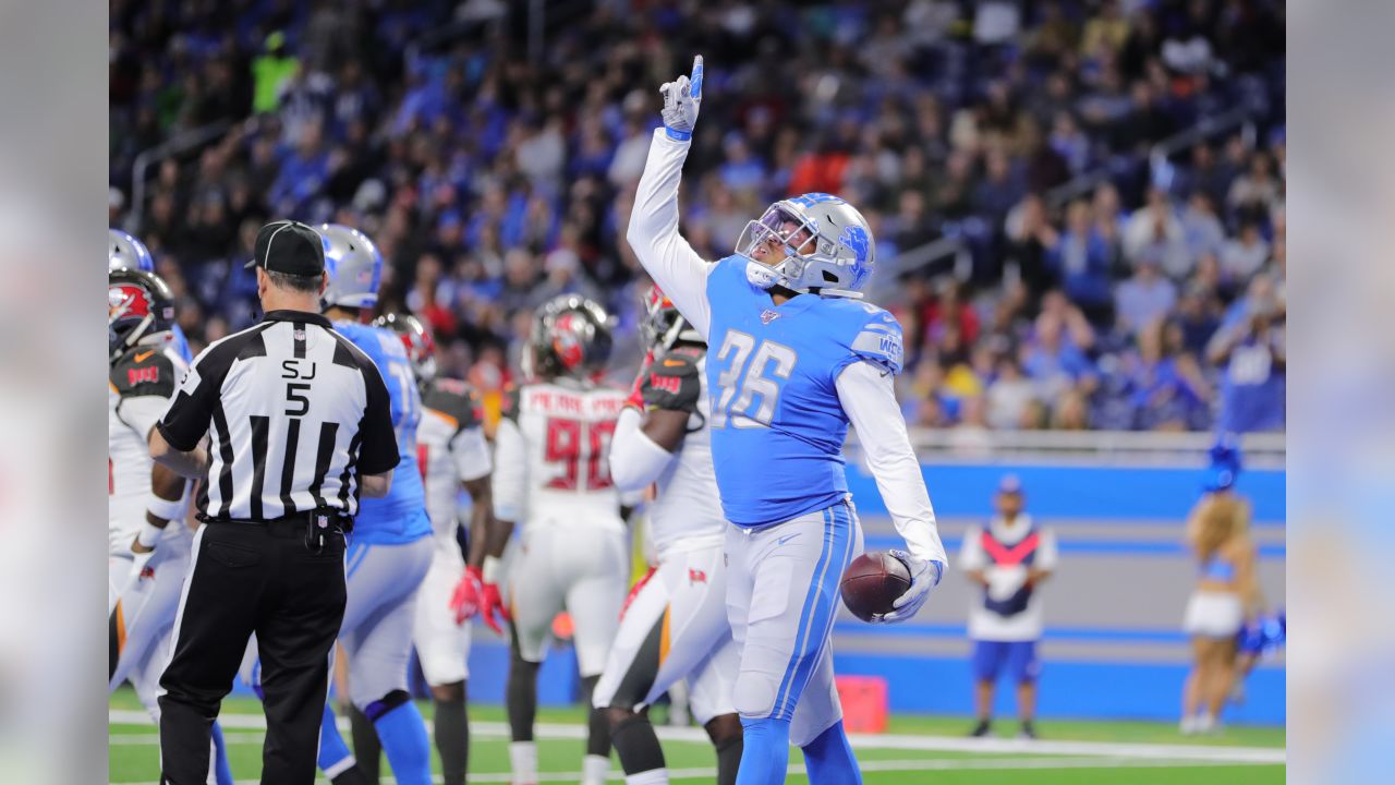 Detroit Lions running back Wes Hills (36) celebrates a touchdown during a NFL football game against the Tampa Bay Buccaneers Sunday, Dec. 15, 2019 in Detroit. (Detroit Lions via AP).