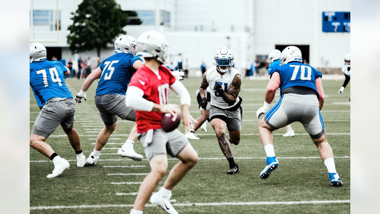 ALLEN PARK, MI - AUGUST 03: Detroit Lions LB Josh Woods (51), Detroit Lions  LB Jarrad Davis (40), Detroit Lions LB Anthony Pittman (57), and Detroit  Lions LB Derrick Barnes (55) in