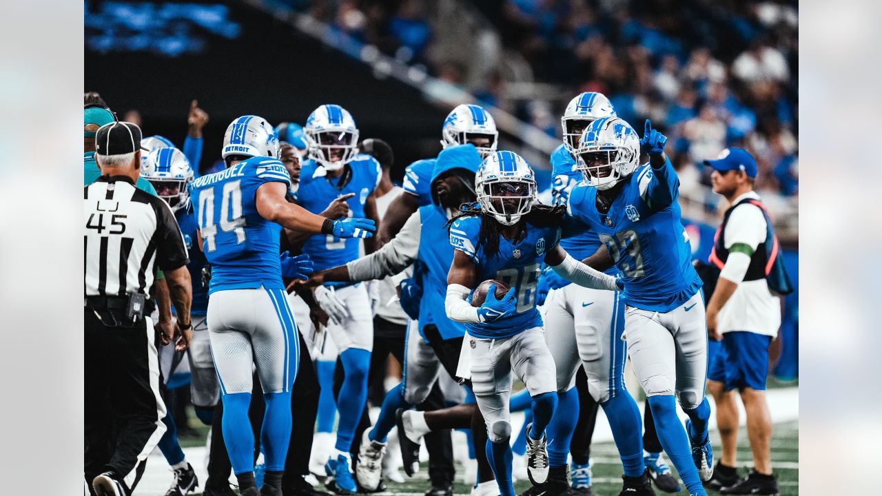 Detroit Lions cornerback Steven Gilmore (36) runs against Jacksonville  Jaguars wide receiver Seth Williams (81) after Gilmore interc epted the  ball during the first half of a preseason NFL football game, Saturday