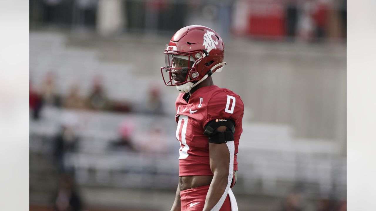 Washington State offensive lineman Abraham Lucas stands on the sideline  during the second half of an NCAA college football game against Stanford,  Saturday, Oct. 16, 2021, in Pullman, Wash.(AP Photo/Young Kwak Stock