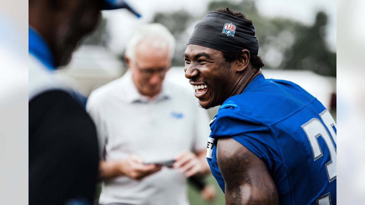 Jamaal Williams, Aidan Hutchinson, and Frank Ragnow meet with the media at Lions  Training Camp 