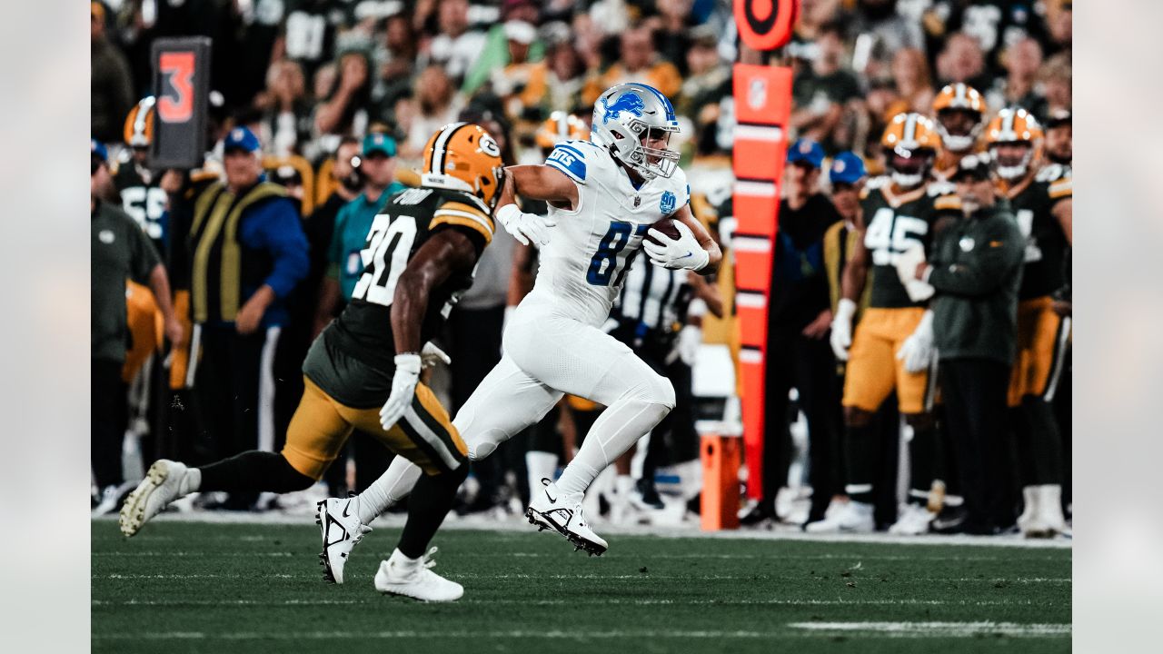 October 03, 2021: Chicago, Illinois, U.S. - Bears #32 David Montgomery  (right) celebrates his touchdown with teammate #81 J.P. Holtz during the  NFL Game between the Detroit Lions and Chicago Bears at