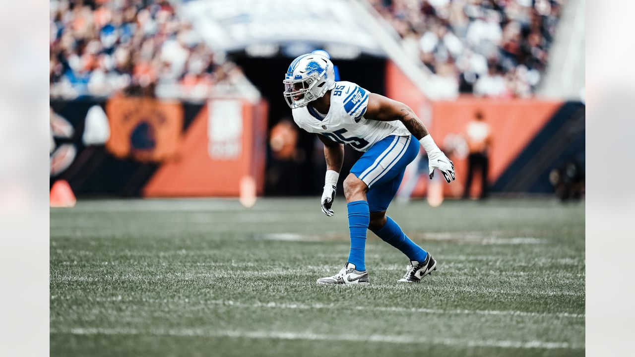 Detroit Lions linebacker Romeo Okwara (95) reacts after a play during the  second half of an NFL preseason football game against the New York Giants,  Friday, Aug. 11, 2023, in Detroit. (AP