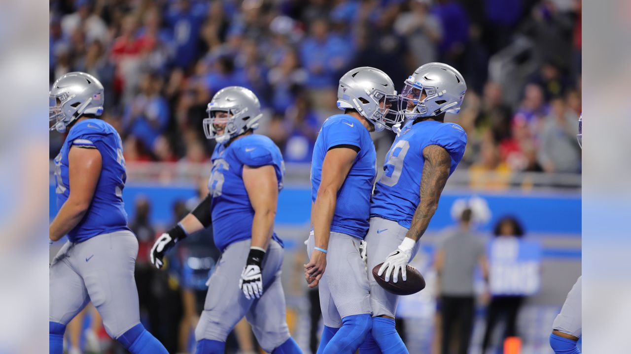 Detroit Lions wide receiver Kenny Golladay (19) and wide receiver Marvin  Jones (11) chat on the sideline during the first half of an NFL football  game against the Jacksonville Jaguars, Sunday, Oct.