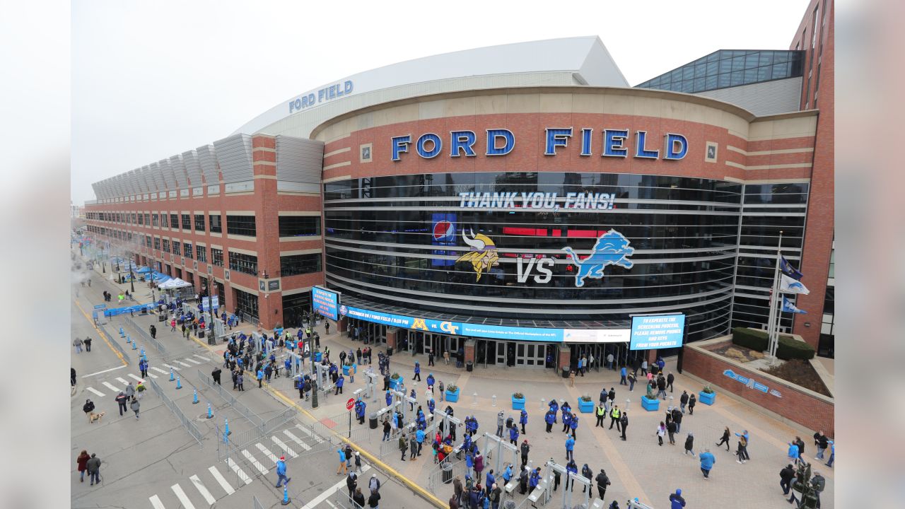 Exterior view of Ford Field's Gate A before a NFL football game against the Minnesota Vikings on Sunday, Dec. 23, 2018 in Detroit. (Detroit Lions via AP).