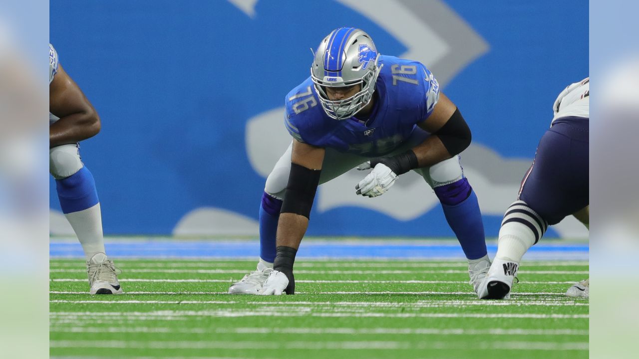 Detroit Lions offensive lineman Oday Aboushi (76) during a NFL football game against the New England Patriots on Thursday, Aug. 8, 2019 in Detroit. (Detroit Lions via AP).