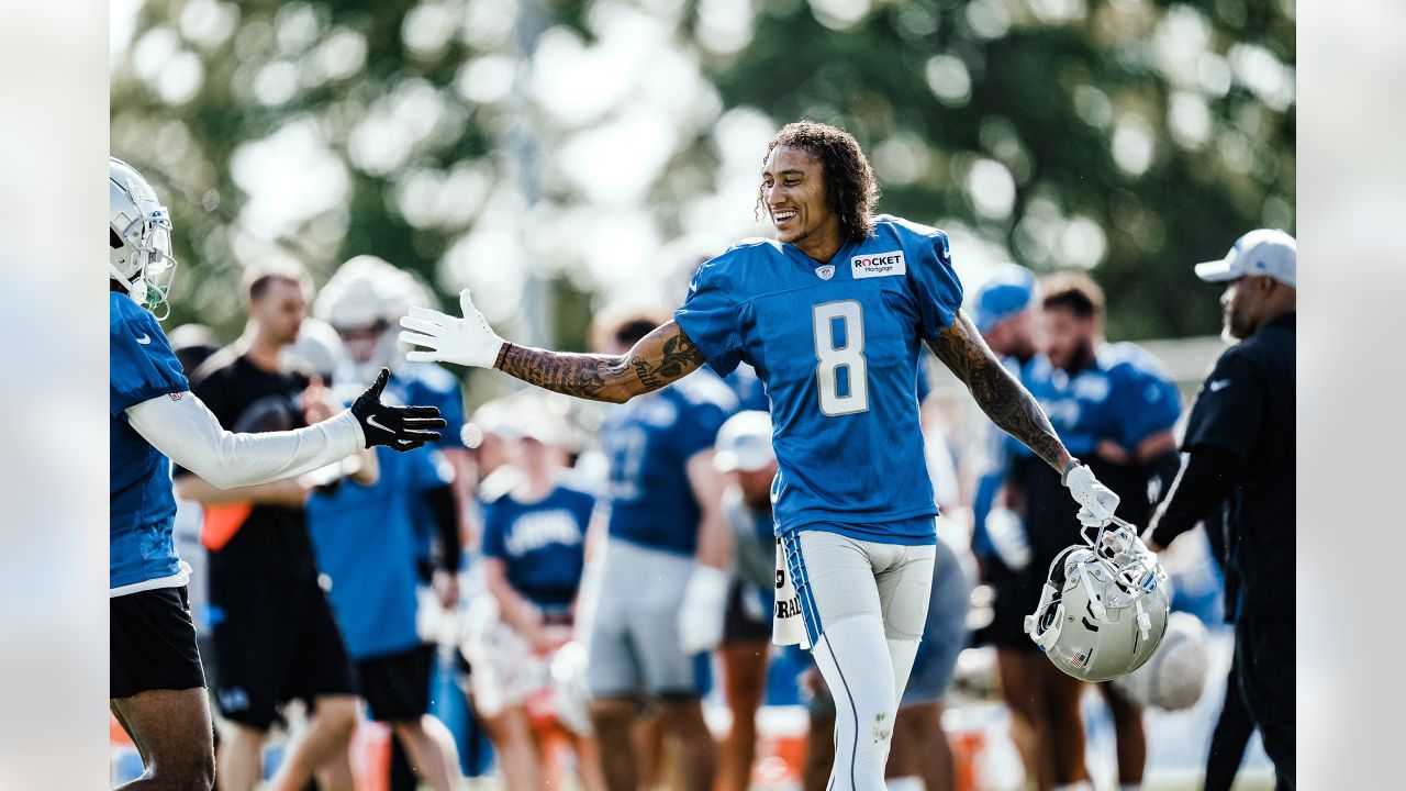 ALLEN PARK, MI - AUGUST 05: Detroit Lions WR Kalil Pimpleton (83) in action  during Lions training camp on August 5, 2022 at Detroit Lions Training Camp  in Allen Park, MI (Photo