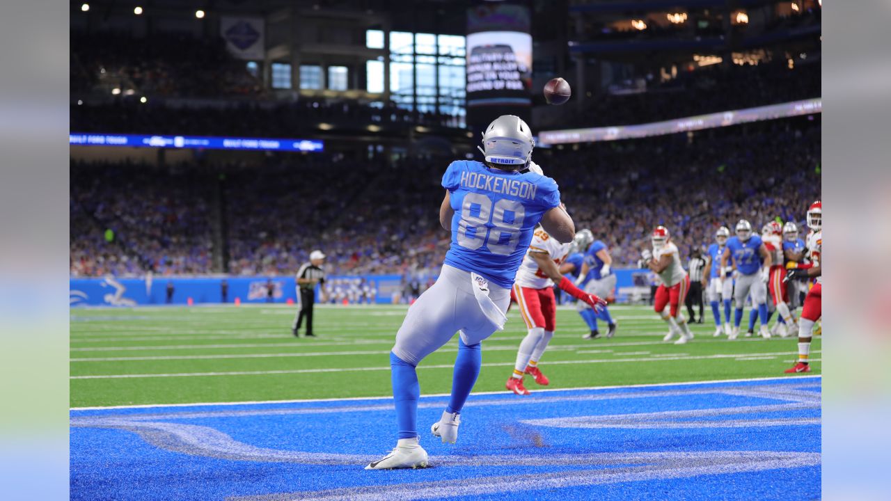 Detroit Lions tight end T.J. Hockenson (88) catches a touchdown pass as  Kansas City Chiefs defensive back Bashaud Breeland (21) defends during an  NFL football game in Detroit, Sunday, Sept. 29, 2019. (