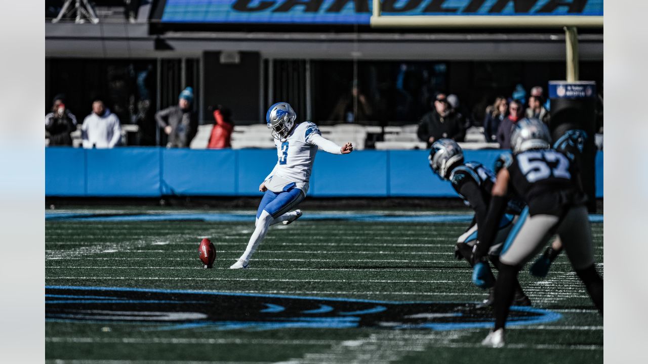 Detroit Lions punter Jack Fox (3) kicks off against the Green Bay