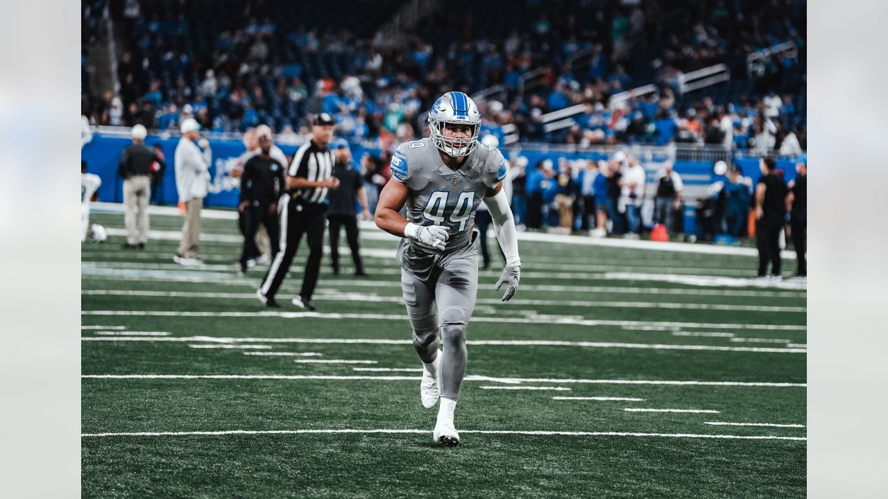 Detroit Lions linebacker Malcolm Rodriguez (44) pursues a play on defense  against the Miami Dolphins during an NFL football game, Sunday, Oct. 30,  2022, in Detroit. (AP Photo/Rick Osentoski Stock Photo - Alamy