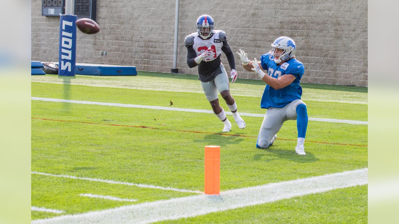 Detroit Lions tight end Luke Willson (82) catches a touchdown pass during 7-on-7 drills at training camp practice on Wednesday, Aug. 15, 2018 in Allen Park, Mich. (Detroit Lions via AP)