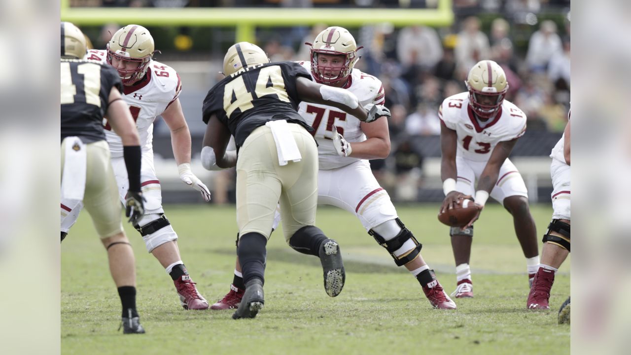 Boston College offensive lineman Chris Lindstrom (75) blocks Purdue defensive tackle Anthony Watts (44) during the second half of an NCAA college football game in West Lafayette, Ind., Saturday, Sept. 22, 2018. Purdue defeated Boston College 30-13. (AP Photo/Michael Conroy)
