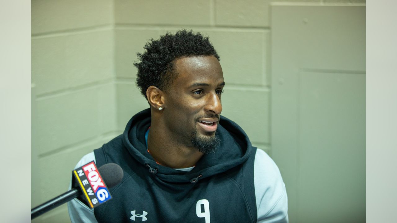 Oklahoma State running back Justice Hill talks to the media at the NFL Scouting Combine on Thursday, Feb. 28, 2019 in Indianapolis. (Detroit Lions via AP)