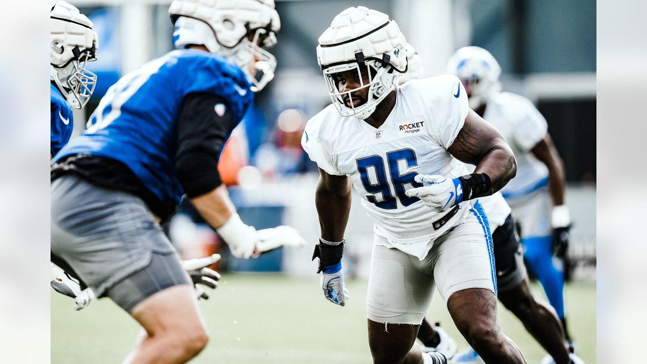 ALLEN PARK, MI - JULY 29: Detroit Lions Jashon Cornell defensive tackle  (96) during practice at Detroit Lions NFL training camp on July 29, 2021 at  Lions Practice Facility in Allen Park