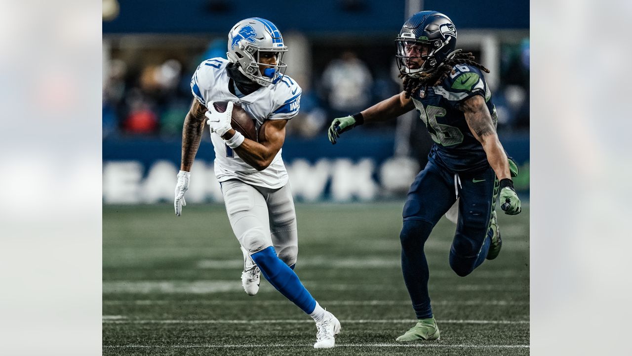 Detroit Lions wide receiver Amon-Ra St. Brown (14) is introduced before an  NFL football game against the Seattle Seahawks Sunday, Sept. 17, 2023, in  Detroit. (AP Photo/Duane Burleson Stock Photo - Alamy