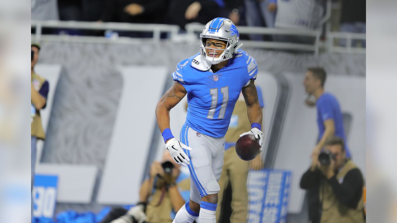 Detroit Lions wide receiver Kenny Golladay (19) and wide receiver Marvin  Jones (11) chat on the sideline during the first half of an NFL football  game against the Jacksonville Jaguars, Sunday, Oct.