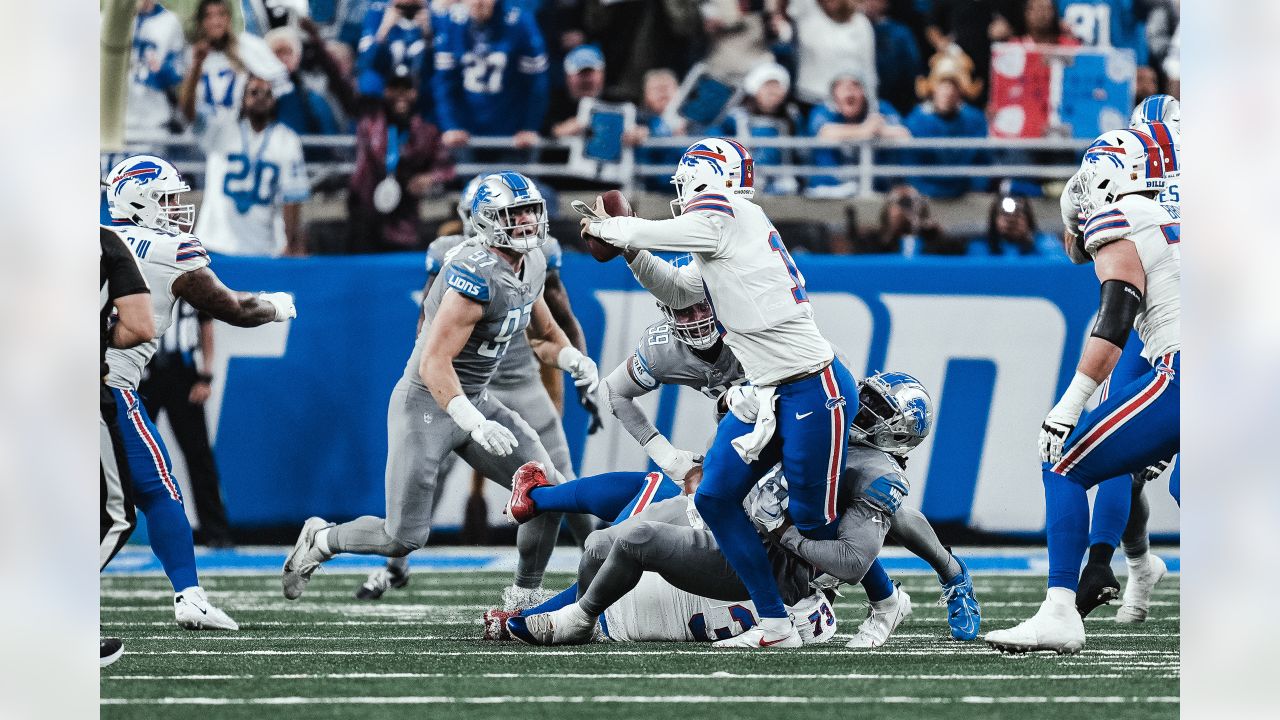 Buffalo Bills quarterback Josh Allen (17) gets set to hick the ball to  quarterback Josh Allen (17) against the Detroit Lions during an NFL  football game, Thursday, Nov. 24, 2022, in Detroit. (