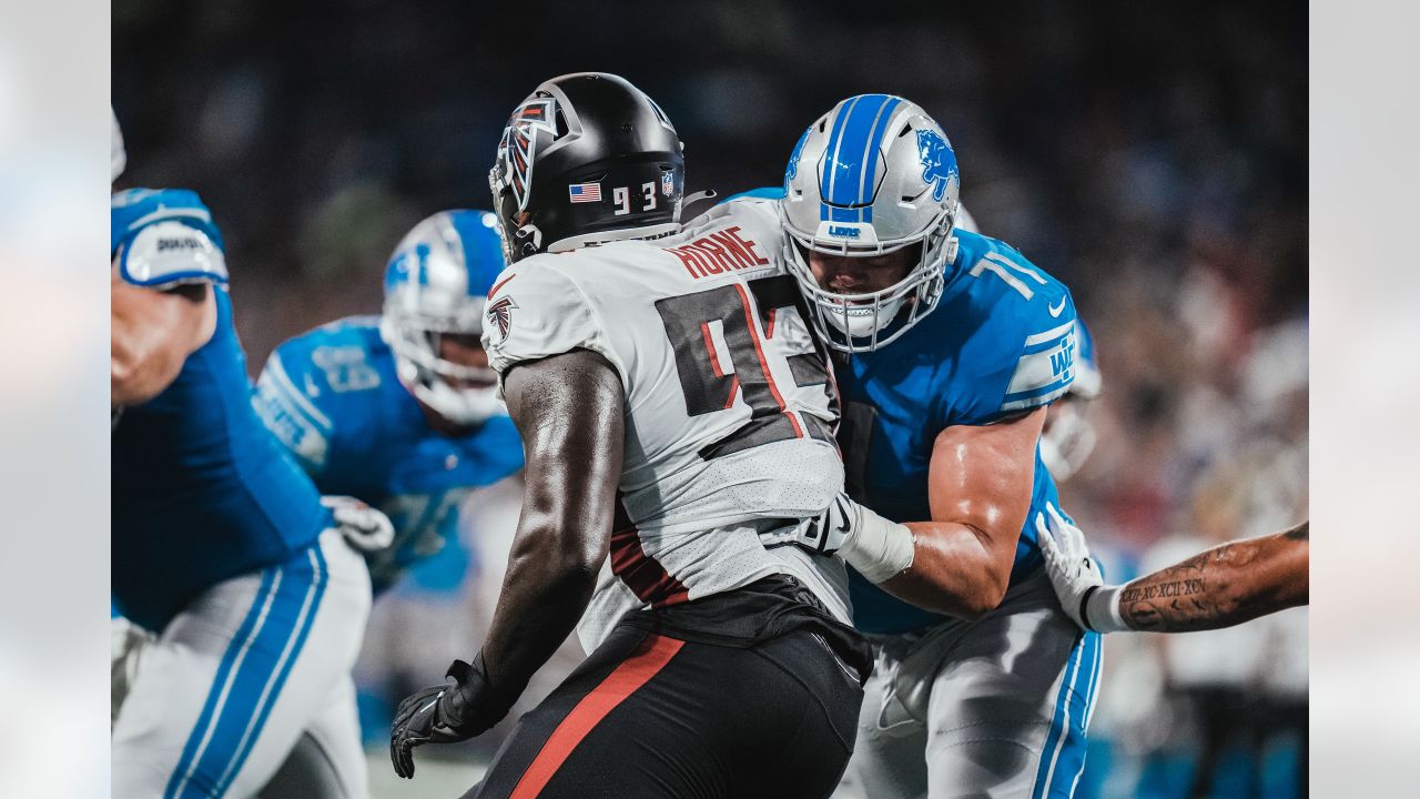 Detroit Lions guard Logan Stenberg (71) with helmet off before a game  against the Los Angeles