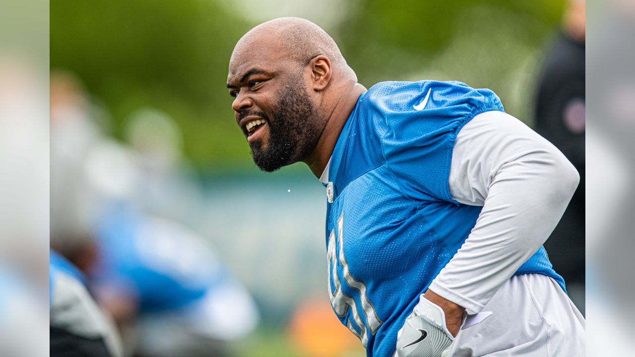 Detroit Lions defensive tackle A'Shawn Robinson (91) smiles during Day 1 of OTAs on Monday, May 20, 2019 in Allen Park, Mich. (Detroit Lions via AP)