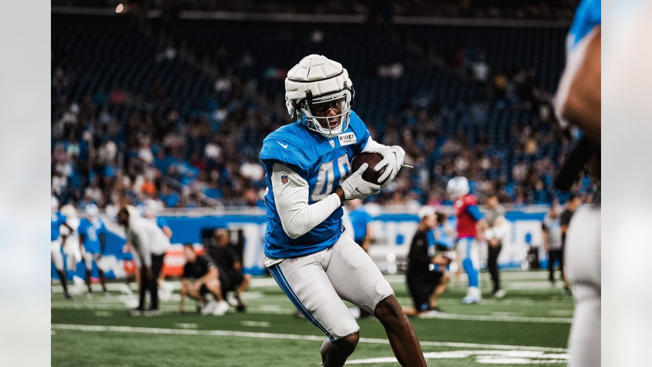 ALLEN PARK, MI - AUGUST 05: Detroit Lions WR Kalil Pimpleton (83) in action  during Lions training camp on August 5, 2022 at Detroit Lions Training Camp  in Allen Park, MI (Photo