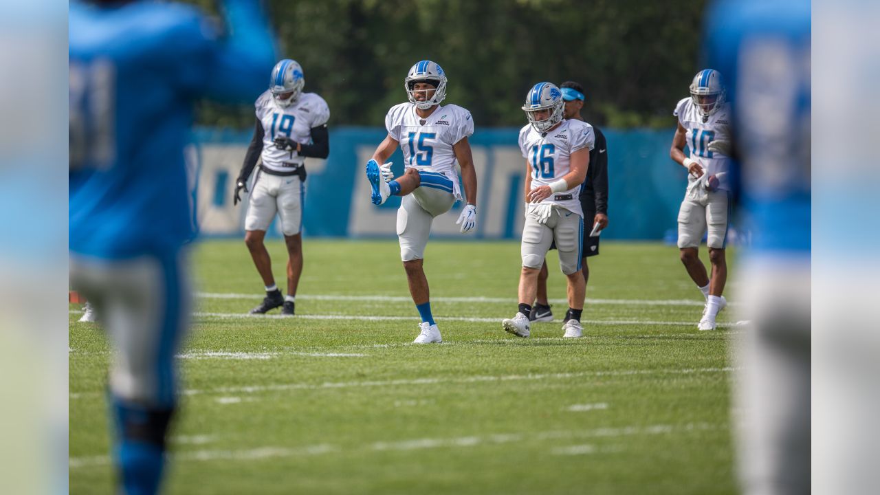 Detroit Lions wide receiver Golden Tate (15) stretches before practice at the Detroit Lions training facility on Monday, Aug. 27, 2018 in Allen Park, Mich. (Detroit Lions via AP)