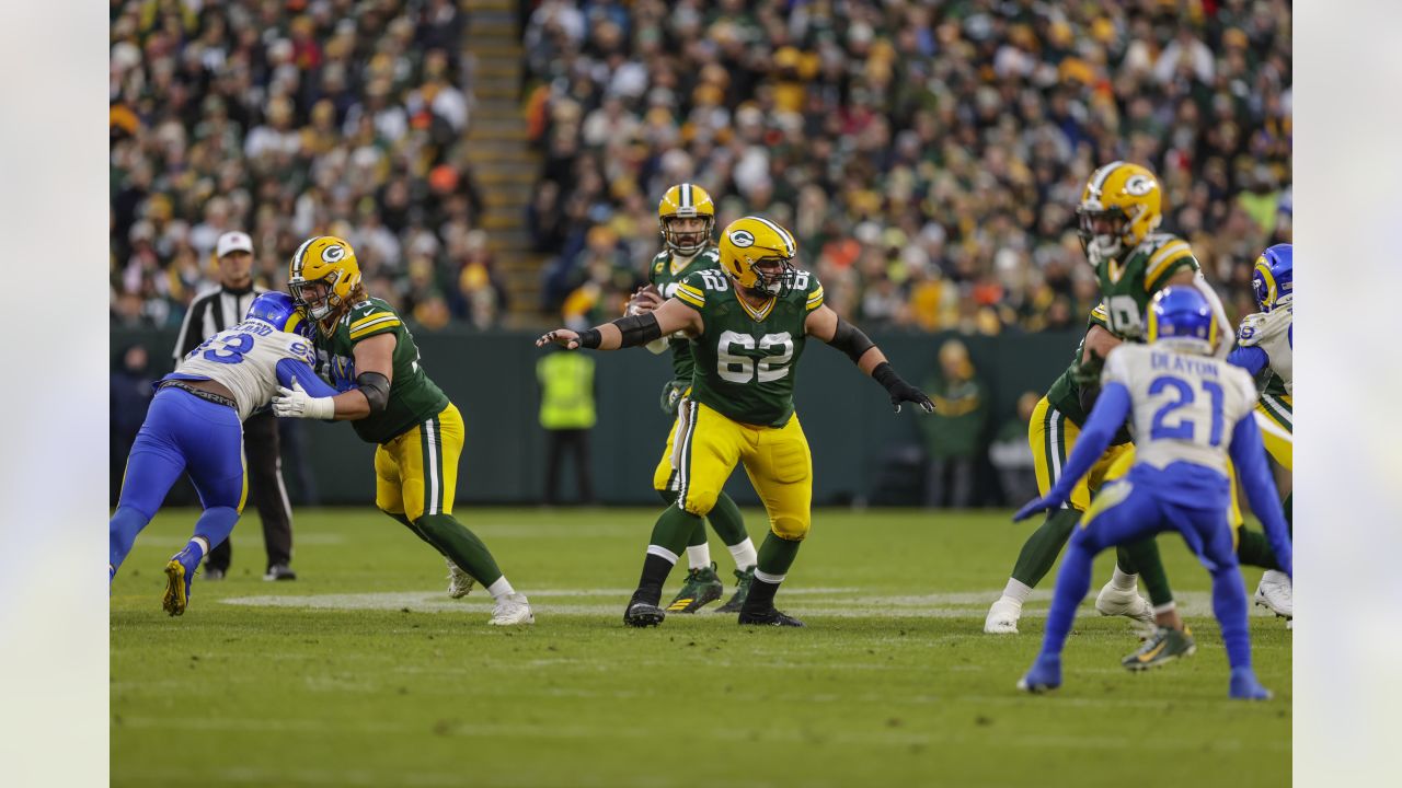 GREEN BAY, WI - NOVEMBER 28: Los Angeles Rams defensive end Aaron Donald  (99) reacts to a play during a game between the Green Bay Packers and the Los  Angeles Rams at