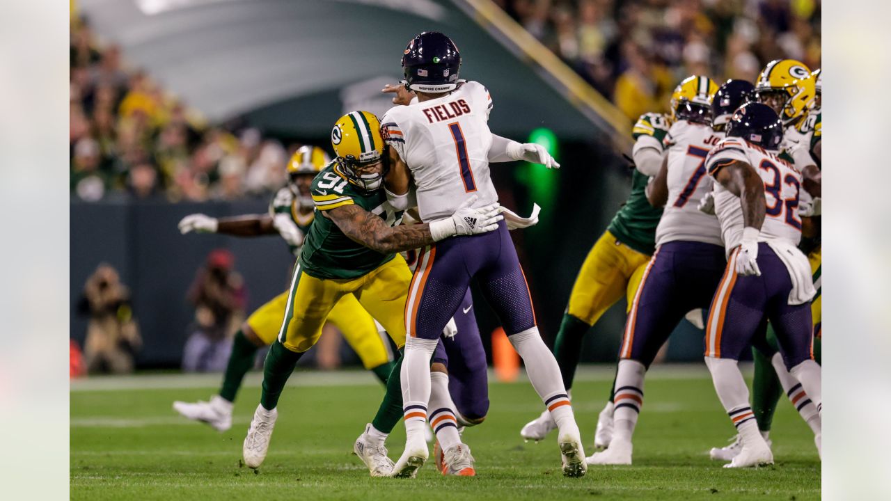 Green Bay Packers linebacker Preston Smith (91) celebrates after sacking  Chicago Bears quarterback Justin Fields during the first half of an NFL  football game Sunday, Sept. 18, 2022, in Green Bay, Wis. (