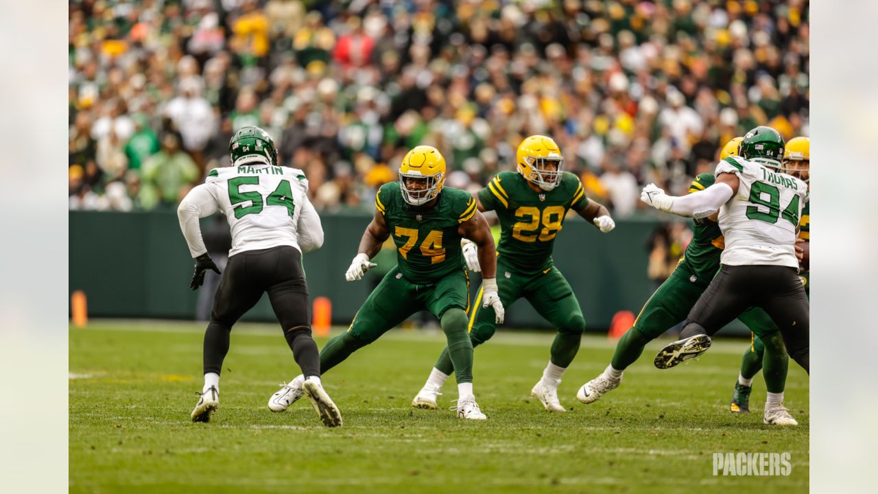 Green Bay Packers linebacker Eric Wilson (45) runs up the field during an  NFL football game against the New York Giants at Tottenham Hotspur Stadium  in London, Sunday, Oct. 9, 2022. The