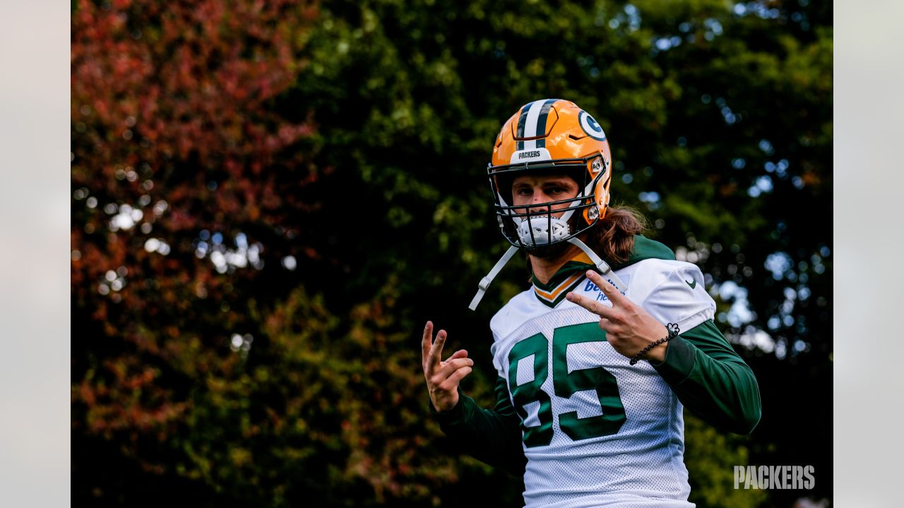 Green Bay Packers linebacker Eric Wilson (45) runs up the field during an  NFL football game against the New York Giants at Tottenham Hotspur Stadium  in London, Sunday, Oct. 9, 2022. The