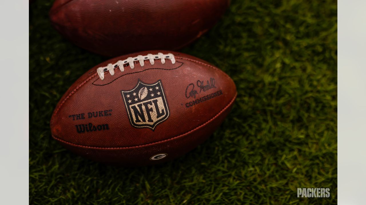 The Wilson the duke NFL official game ball with the nfl shield / logo  sits on the field before an NFL football game between the Seattle Seahawks  and the Houston Texans, Sunday