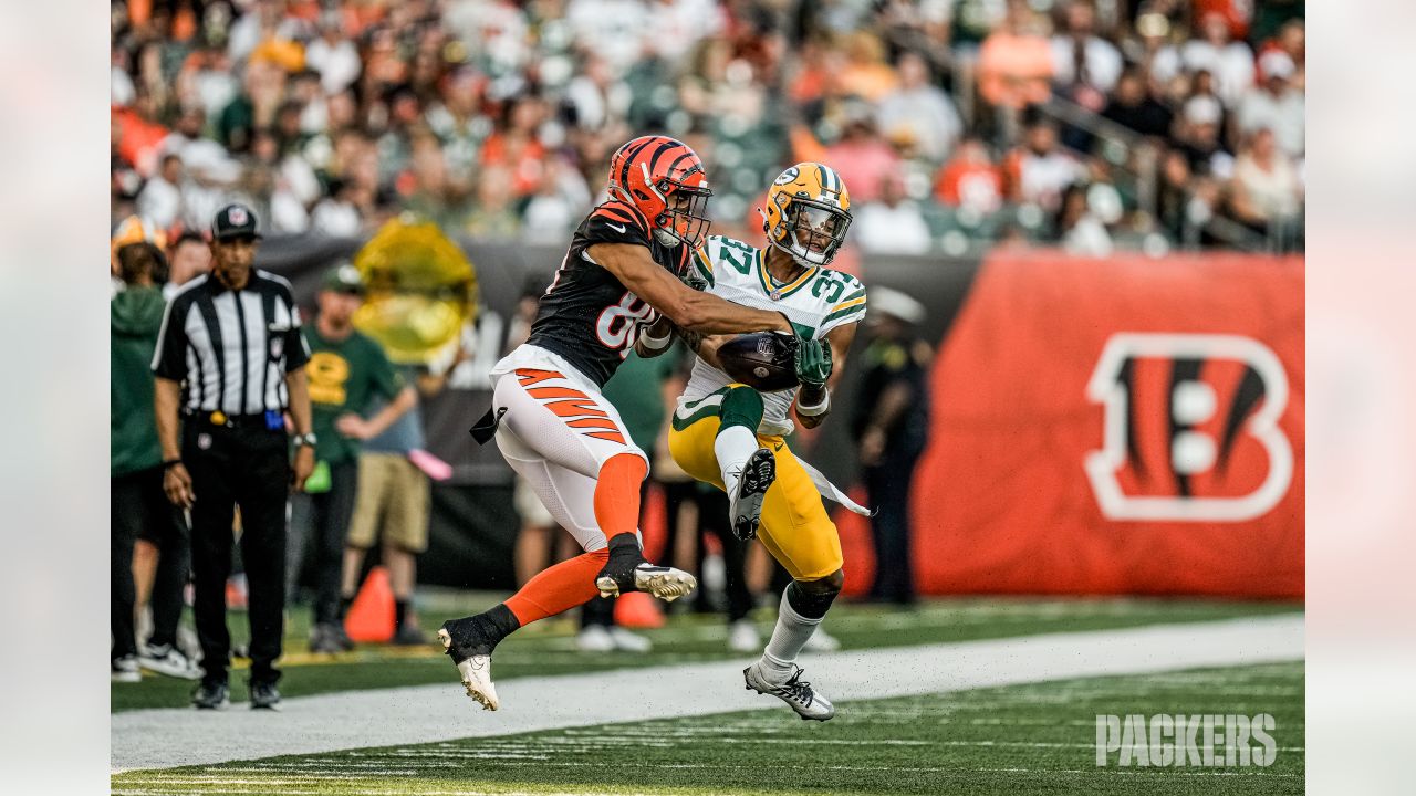 Green Bay Packers wide receiver Dontayvion Wicks (13) celebrates during a  preseason NFL football game against the Cincinnati Bengals on Friday, Aug.  11, 2023, in Cincinnati. (AP Photo/Emilee Chinn Stock Photo - Alamy