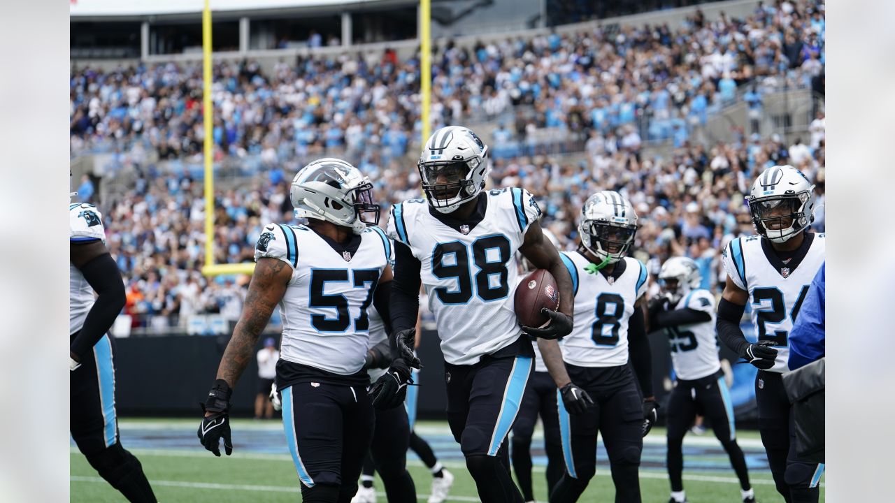 Carolina Panthers safety Jeremy Chinn (21) plays during an NFL football  game between the Carolina Panthers and the Denver Broncos on Sunday, Nov.  27, 2022, in Charlotte, N.C. (AP Photo/Jacob Kupferman Stock