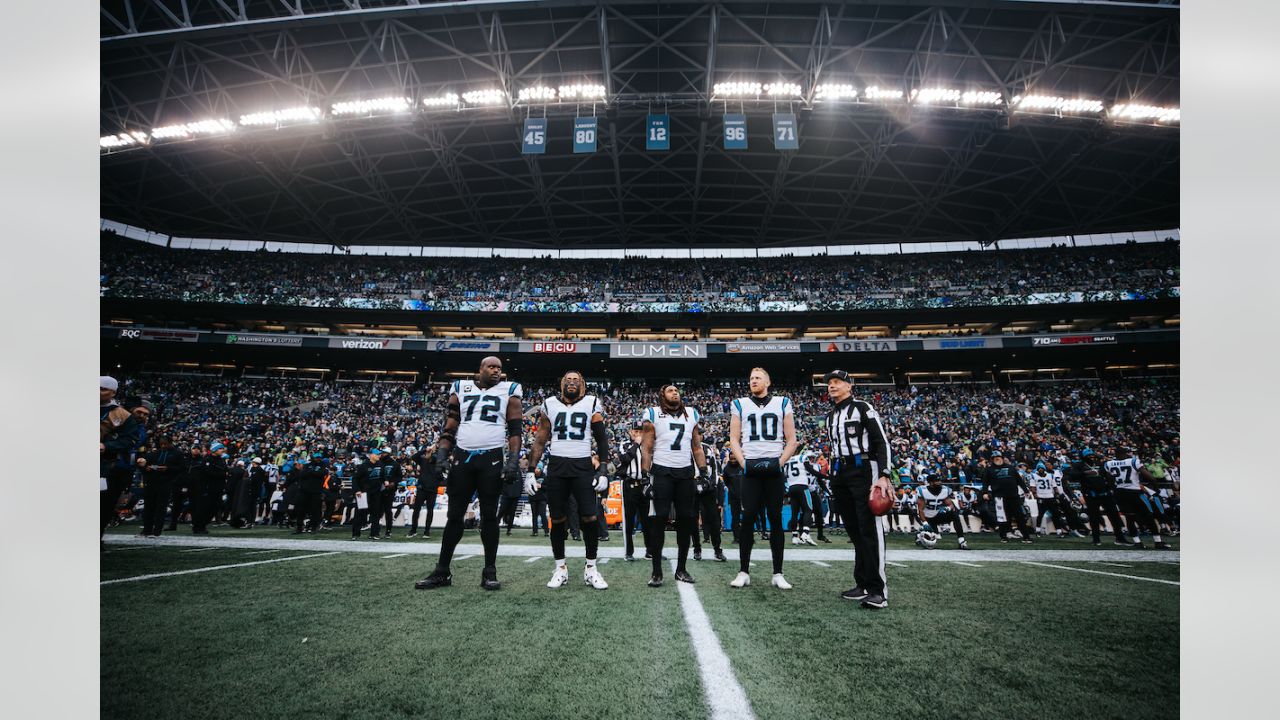 CHARLOTTE, NC - SEPTEMBER 25: Daviyon Nixon (54) of the Carolina Panthers  smiles as he brings the