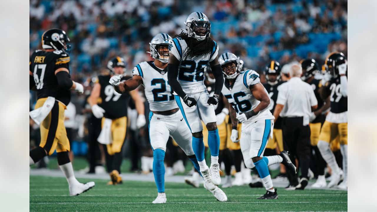 Carolina Panthers cornerback Donte Jackson (26) celebrates after a safety  during an NFL football game against the Philadelphia Eagles, Sunday, Oct.  10, 2021, in Charlotte, N.C. (AP Photo/Brian Westerholt Stock Photo - Alamy