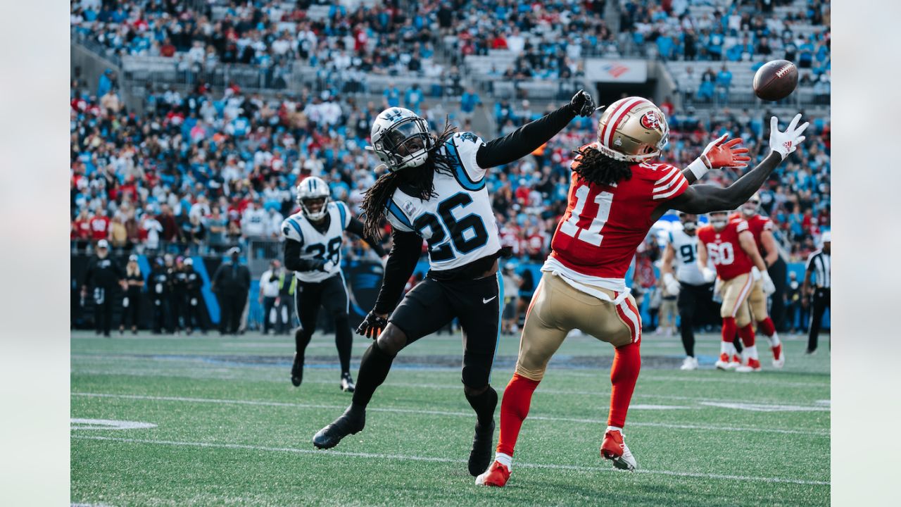 Carolina Panthers defensive tackle Derrick Brown (95) wears a Crucial Catch  t-shirt as he warms up prior to an NFL football game against the  Philadelphia Eagles, Sunday, Oct. 10, 2021, in Charlotte