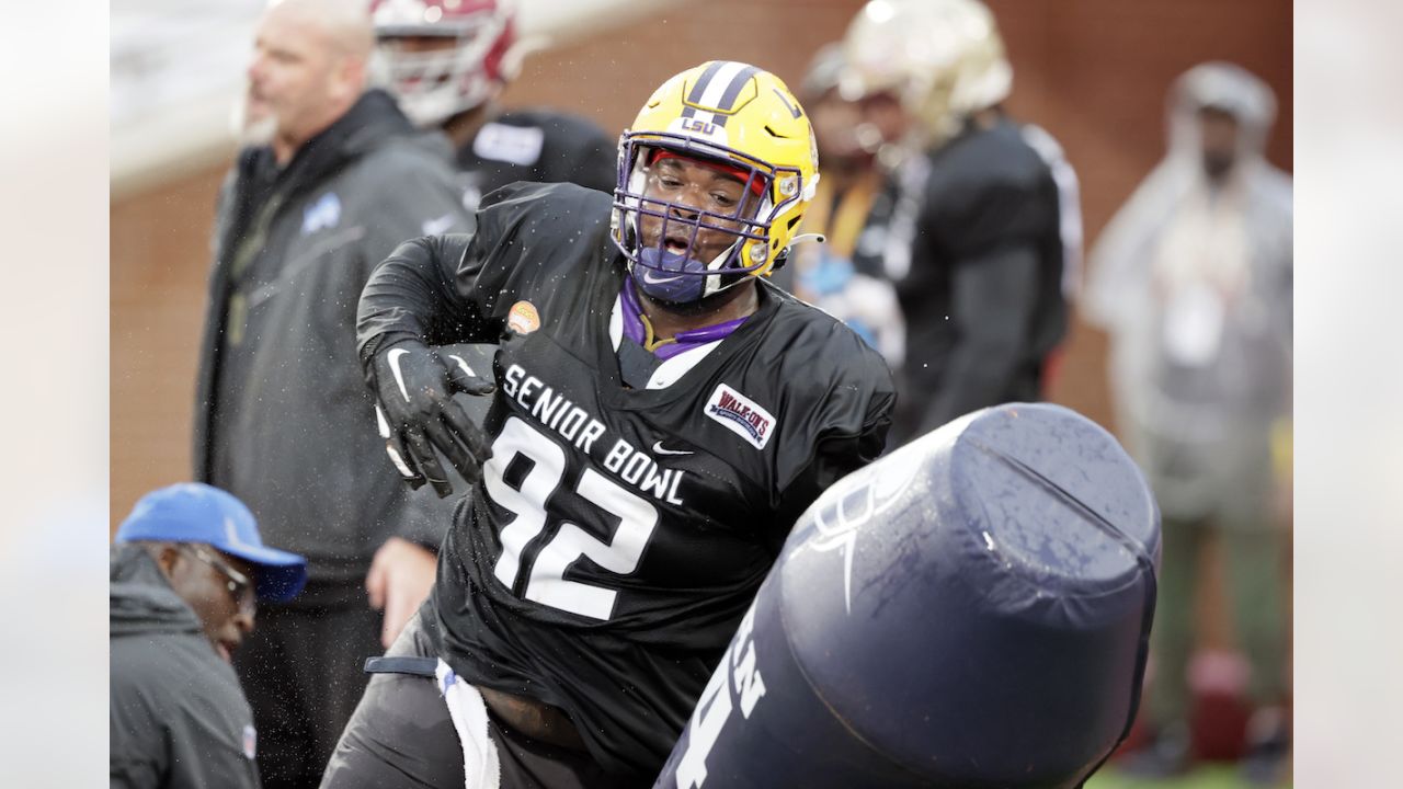 American Team defensive lineman Kingsley Enagbare of South Carolina runs  through drills during practice for the Senior Bowl NCAA college football  game Wednesday, Feb. 2, 2022, in Mobile, Ala. (AP Photo/Butch Dill