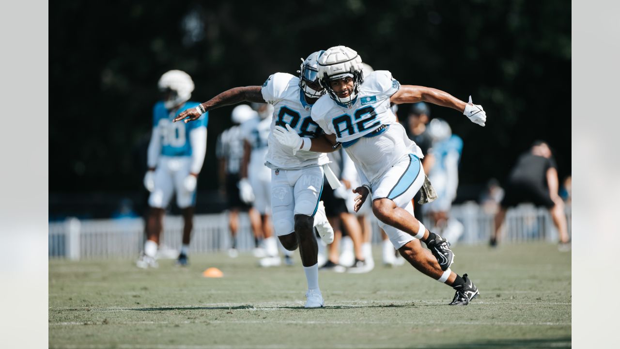 Carolina Panthers offensive tackle Ikem Ekwonu walks onto the field at the  NFL football team's training camp on Saturday, July 29, 2023, in  Spartanburg, S.C. (AP Photo/Jacob Kupferman Stock Photo - Alamy