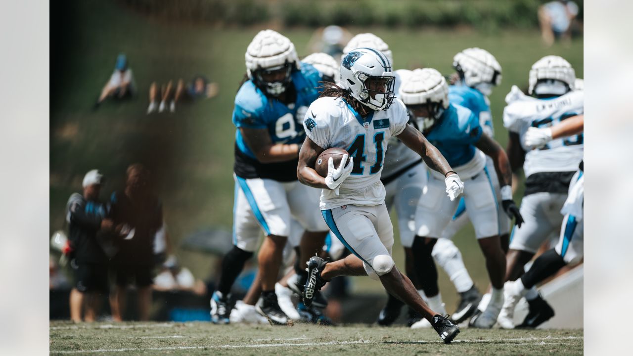 Carolina Panthers offensive tackle Ikem Ekwonu walks onto the field at the  NFL football team's training camp on Saturday, July 29, 2023, in  Spartanburg, S.C. (AP Photo/Jacob Kupferman Stock Photo - Alamy