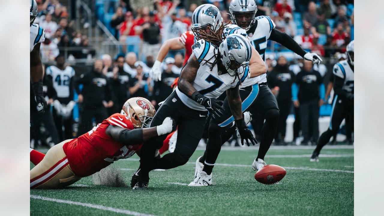 Carolina Panthers defensive tackle Derrick Brown (95) encourages the crowd  to get loud during an NFL football game against the Atlanta Falcons,  Thursday, Nov. 10 2022, in Charlotte, N.C. (AP Photo/Brian Westerholt