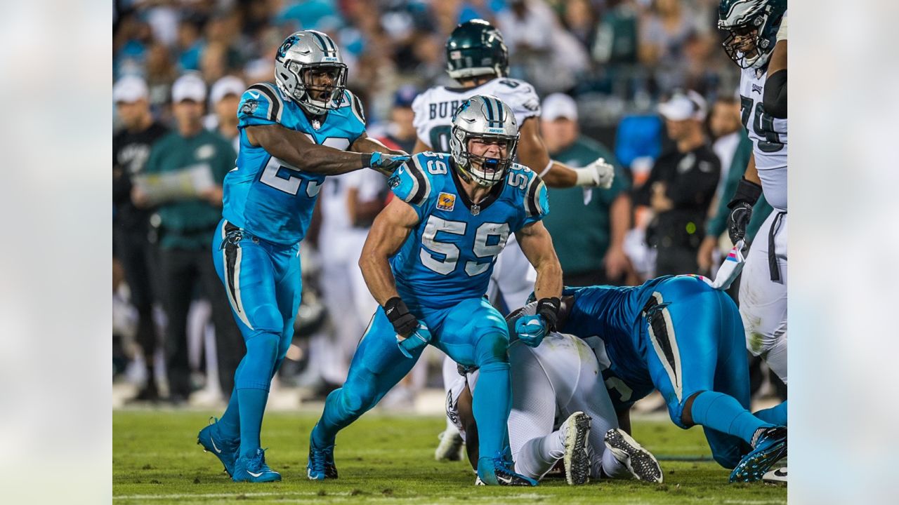 Carolina Panthers quarterback Cam Newton (1) and Carolina Panthers center  Tyler Larsen (69) during the NFL football game between the Philadelphia  Eagles and the Carolina Panthers on Thursday October 12, 2017 in