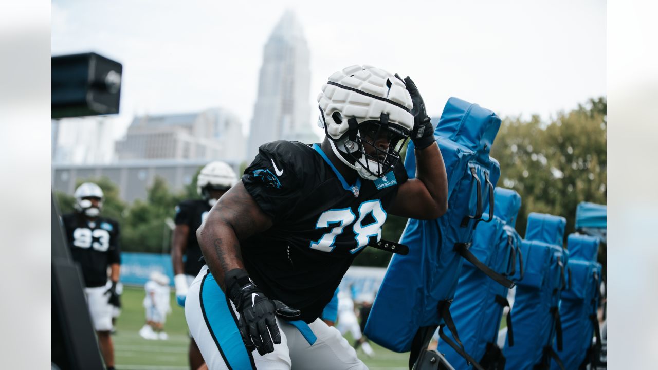 Carolina Panthers defensive tackle Marquan McCall (left) exchanges